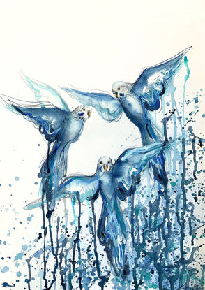 Artwork painting of blue Budgies flying by Sydney artist Leni Kae