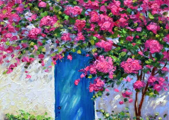 Landscape painting with a turquoise door of a white house and a blooming bougainvillea