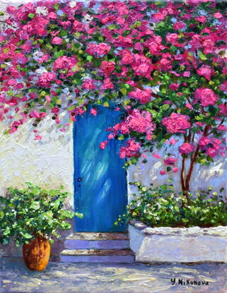 Landscape painting with a turquoise door of a white house and a blooming bougainvillea