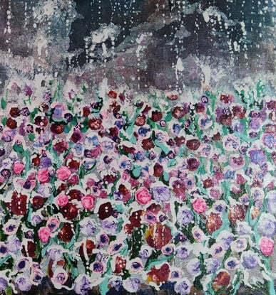 a display of brightly coloured flowers in pinks, purples and reds interspersed with light greens and dripping white falling from the dark toned sky of greys, browns and mauve creating a lovely fantasy winter garden