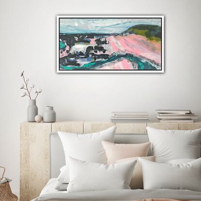 A pink beach, a loosely painted creek, heading through rocks to the ocean. A headland a suggestion of, deep water and land further on. It is a loose abstracted artwork. 