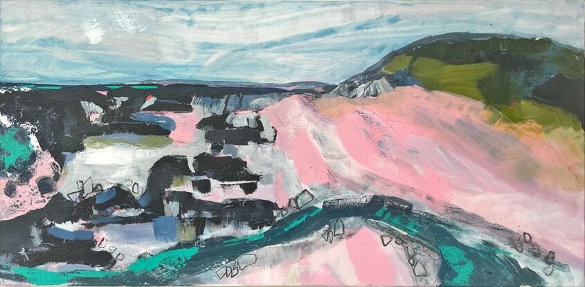 A pink beach, a loosely painted creek, heading through rocks to the ocean. A headland a suggestion of, deep water and land further on. It is a loose abstracted artwork. 