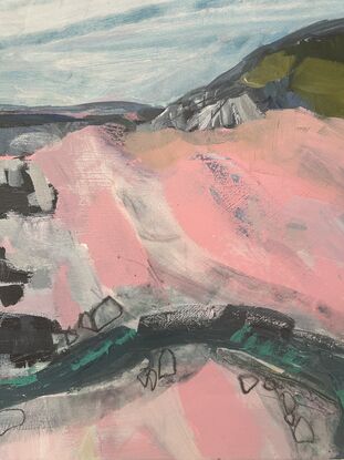 A pink beach, a loosely painted creek, heading through rocks to the ocean. A headland a suggestion of, deep water and land further on. It is a loose abstracted artwork. 