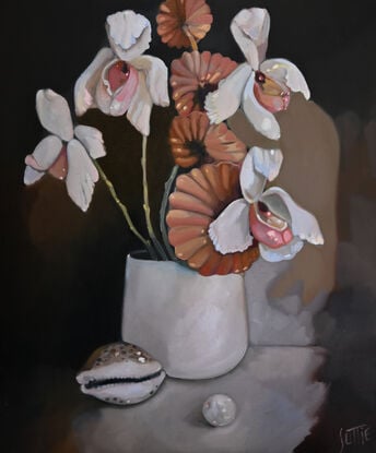 A white vase with orchids and a fan mushroom stem. A cowrie shell is in front to  the left and an oversized pearl is positioned in the foreground.