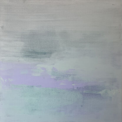 large minimalist light pastel green and lavender abstract on a square canvas on linen