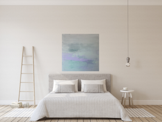 large minimalist light pastel green and lavender abstract on a square canvas on linen