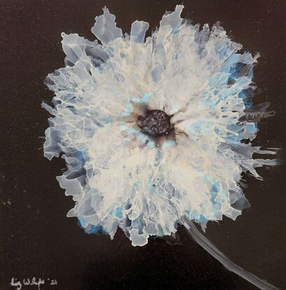 Alcohol ink blown skilfully with an air compressor to make delicate white leaves with white ink and diamond blue interference ink to form a delicate flower.  