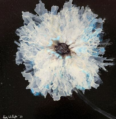 Alcohol ink blown skilfully with an air compressor to make delicate white leaves with white ink and diamond blue interference ink to form a delicate flower.  