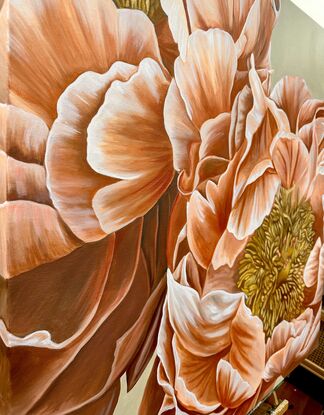 Beautiful orange/pink toned Peonies on a pistachio toned background oil painting by Amanda Cameron.