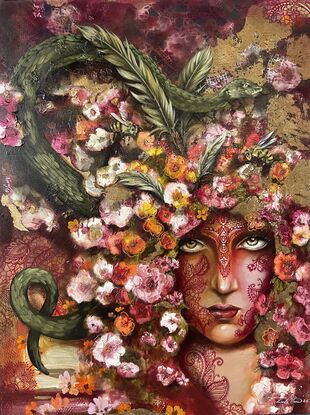 
This captivating painting presents a striking portrait of a woman adorned with a vivid floral headdress, rendered in an array of pinks and reds. Her mesmerizing green eyes draw the viewer in, their intensity enhanced by the intricate details surrounding her. The floral headdress, lush and vibrant, is not only a visual feast but also intricately interwoven with a green snake that coils gracefully among the blossoms. This serpent adds an element of intrigue and symbolism, intertwining with the rich hues of the flowers.

The background and surrounding elements are alive with dynamic movement, as bees flutter around the headdress, adding a sense of natural activity and vitality to the scene. These bees, painted with delicate precision, bring an added layer of liveliness and connection to nature.

The woman’s face is adorned with bold red patterns, adding a touch of dramatic contrast and cultural depth. These patterns seem to tell a story of their own, integrating seamlessly with the overall composition. The painting is brought to life with areas of gold gilding, which catch the light and imbue the piece with a sense of opulence and ethereal beauty. The gold accents create a shimmering effect, highlighting key features and adding a luxurious texture to the artwork.

The use of thick impasto oils adds a tactile quality to the painting, with rich, textured brushstrokes creating depth and dimension. This technique enhances the visual impact of the piece, making the flowers, snake, and patterns stand out in a bold, almost three-dimensional way.