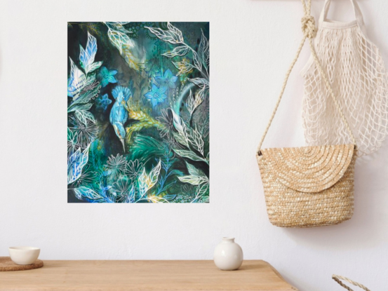 This vibrant oil painting features a single Australian kingfisher poised in its iconic hunting stance, set against a stylized floral backdrop. The kingfisher, with its striking turquoise plumage and keen, alert posture, captures the moment just before it swoops to catch its prey. The bird's vivid colors contrast beautifully with the surrounding elements, creating a dynamic and captivating focal point.

The painting is rendered in a palette of rich greens and soothing turquoises. The kingfisher’s feathers shimmer with varying shades of turquoise, highlighting its elegance and agility. The stylized floral setting, rendered in complementary greens, forms a lush, abstracted garden that enhances the bird’s vibrant presence. The floral elements are painted with bold, flowing lines and patterns that echo the kingfisher’s graceful form, creating a harmonious and visually engaging composition.