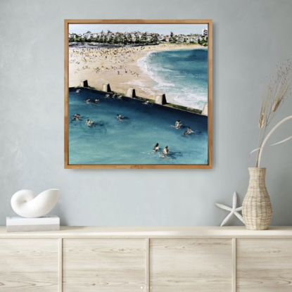 Original landscape painting of Coogee Rockpool and busy beach with turquoise blues.