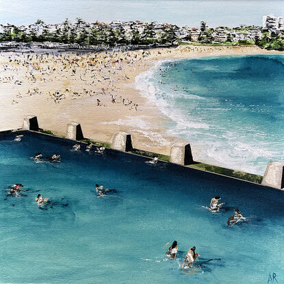 Original landscape painting of Coogee Rockpool and busy beach with turquoise blues.