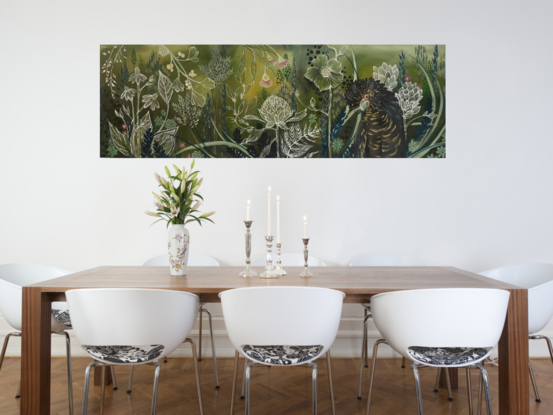 This striking oil painting features an Australian black cockatoo set against a lush, stylized garden of native flowers and plants, all rendered in a rich palette of dark greens. The painting’s horizontal format elegantly captures the expansive beauty of the Australian landscape, creating a sweeping vista of natural splendor.

The dark green tones envelop the scene in a deep, verdant embrace, highlighting the cockatoo’s glossy black feathers with a sophisticated contrast. The bird, depicted with intricate detail and vivid textures, stands out prominently amidst the foliage, its vibrant plumage drawing the eye with its bold presence.

Surrounding the cockatoo, the garden flourishes with an array of native Australian plants and flowers, meticulously painted to evoke the unique textures and forms of the region’s flora. The dark greens of the garden create a harmonious, immersive backdrop, while the stylized elements add a touch of artistic abstraction and depth.