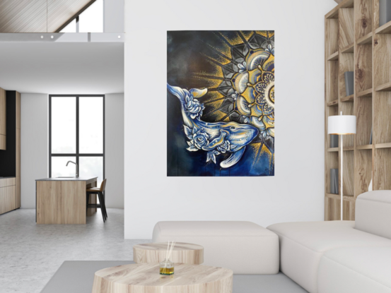 This mesmerizing oil painting features a stylized whale adorned with vibrant flowers, set against the backdrop of a mandala. The composition is brought to life with a rich palette of dark blue, white, and ochre.

The dark blue background creates a profound sense of depth and serenity, reminiscent of the deep ocean, while the whale, painted in elegant, flowing lines, emerges as a majestic and captivating focal point. The whale’s surface is adorned with delicate, colorful flowers, blending harmoniously with the surrounding mandala. These floral elements, infused with subtle shades of ochre and white, introduce a touch of natural beauty and intricate detail to the scene.

The mandala, rendered in soft ochre and white, offers a stunning contrast to the dark background and adds a layer of spiritual and geometric harmony. Its circular patterns and balanced design evoke a sense of peace and unity, enhancing the overall composition.