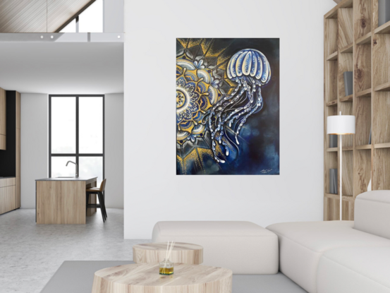 
This captivating oil painting on canvas features a stylized jellyfish gracefully drifting over an intricate mandala, rendered in a palette of deep blues, crisp whites, and warm ochre. The dark blues of the background create a deep, immersive space that draws the eye, reminiscent of the ocean's vast and mysterious depths. The luminous white jellyfish, with its flowing tentacles, offers a stunning contrast, creating a sense of delicate movement and ethereal beauty.

The mandala, painted in soothing ochre and white, adds a layer of geometric elegance and balance, suggesting a serene harmony that echoes the rhythmic pulse of the sea. The ochre tones subtly mimic the golden hues of sunlit sands, adding warmth and depth to the composition.
