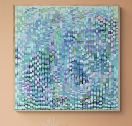 Shades of blues and lilacs in the background covered with a veneer of tiny multi coloured brush strokes in pale and pastel pinks, greens, lilac and blue, arranged in an organic pattern, giving the viewer a pixelated view.