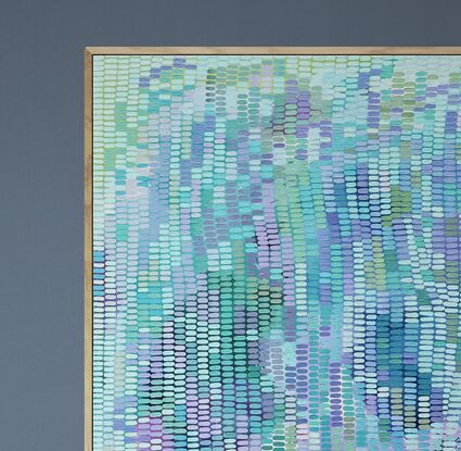 Shades of blues and lilacs in the background covered with a veneer of tiny multi coloured brush strokes in pale and pastel pinks, greens, lilac and blue, arranged in an organic pattern, giving the viewer a pixelated view.