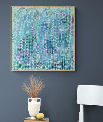 Shades of blues and lilacs in the background covered with a veneer of tiny multi coloured brush strokes in pale and pastel pinks, greens, lilac and blue, arranged in an organic pattern, giving the viewer a pixelated view.