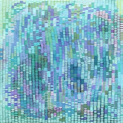 Shades of blues and lilacs in the background covered with a veneer of tiny multi coloured brush strokes in pale and pastel pinks, greens, lilac and blue, arranged in an organic pattern, giving the viewer a pixelated view.