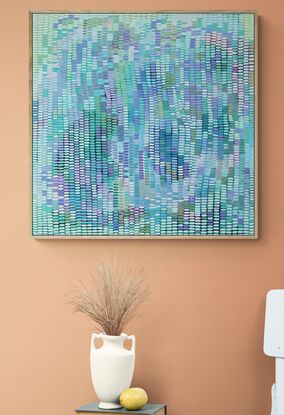 Shades of blues and lilacs in the background covered with a veneer of tiny multi coloured brush strokes in pale and pastel pinks, greens, lilac and blue, arranged in an organic pattern, giving the viewer a pixelated view.