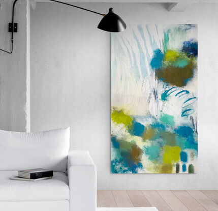 soul nourishing greens, olive, lime green expressive lines and patterns on large vertical canvas