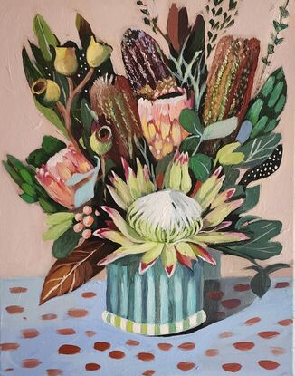 A whimsical decorative still life with Australian native flowers.
