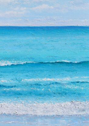 Painting of a turquoise blue ocean and fluffy white clouds in the early morning summer sunshine.