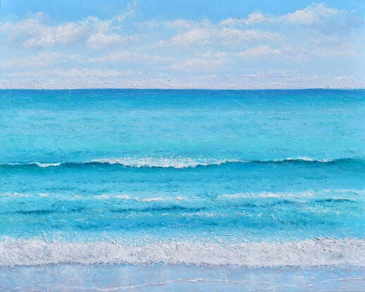 Painting of a turquoise blue ocean and fluffy white clouds in the early morning summer sunshine.