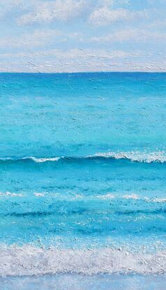 Painting of a turquoise blue ocean and fluffy white clouds in the early morning summer sunshine.