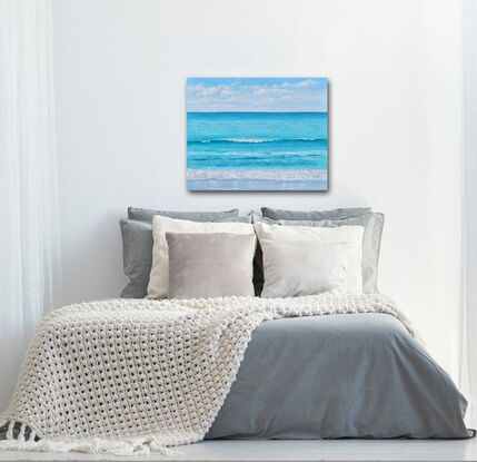 Painting of a turquoise blue ocean and fluffy white clouds in the early morning summer sunshine.