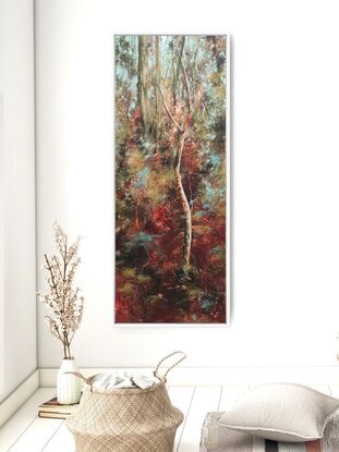 Tall thin abstract nature painting with deep red, peach, olive and teal colours. By Australian artist Victoria Collins. 