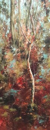 Tall thin abstract nature painting with deep red, peach, olive and teal colours. By Australian artist Victoria Collins. 