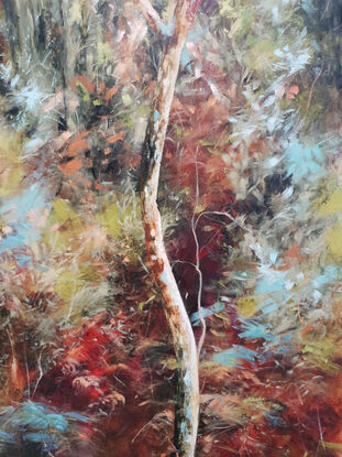 Tall thin abstract nature painting with deep red, peach, olive and teal colours. By Australian artist Victoria Collins. 