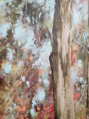 Tall thin abstract nature painting with deep red, peach, olive and teal colours. By Australian artist Victoria Collins. 