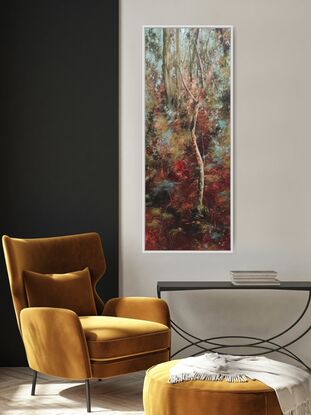 Tall thin abstract nature painting with deep red, peach, olive and teal colours. By Australian artist Victoria Collins. 