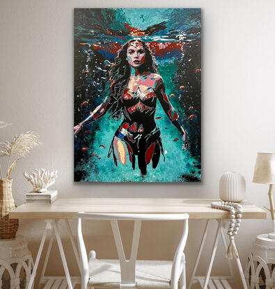 Painting of Wonder Woman, in a bright pop art and expressionistic style, striding towards the viewer showing strength.