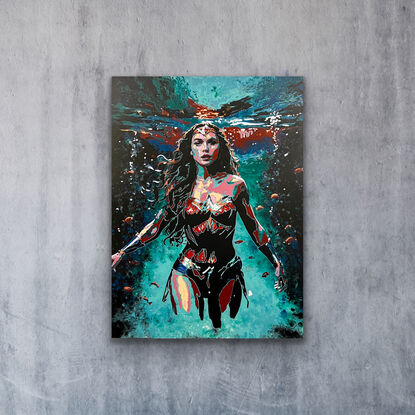 Painting of Wonder Woman, in a bright pop art and expressionistic style, striding towards the viewer showing strength.