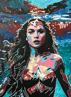 Painting of Wonder Woman, in a bright pop art and expressionistic style, striding towards the viewer showing strength.