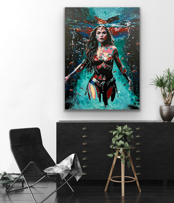 Painting of Wonder Woman, in a bright pop art and expressionistic style, striding towards the viewer showing strength.