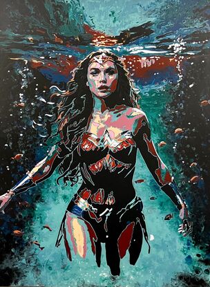 Painting of Wonder Woman, in a bright pop art and expressionistic style, striding towards the viewer showing strength.