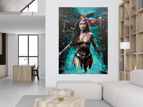 Painting of Wonder Woman, in a bright pop art and expressionistic style, striding towards the viewer showing strength.