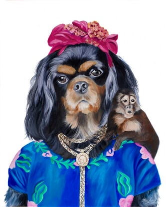 Cavalier King Charles spaniel painted in the likeness of Frida Khalo. 