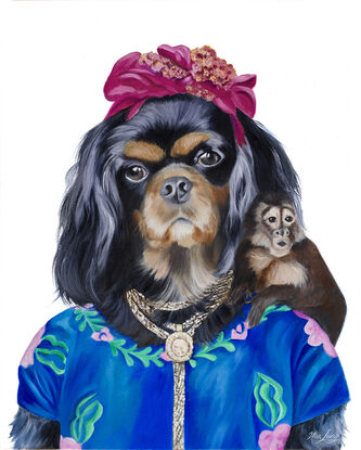 Cavalier King Charles spaniel painted in the likeness of Frida Khalo. 