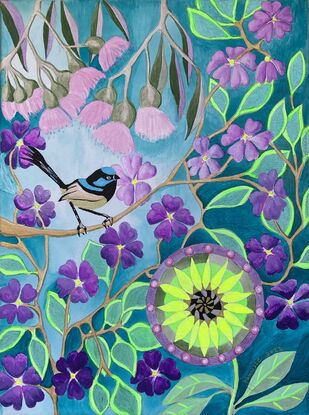 A little blue wren amongst purple flowers.