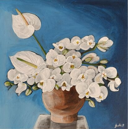 This painting features a vibrant still life of white orchids is set off against a rich blue background. The central focus is a collection of white orchids, their delicate petals contrasting beautifully with the darker hue. A few white Anthurium flowers add a touch of drama with their unique shape. The flowers are arranged in a simple, earthenware vase, further emphasizing their natural beauty. The overall composition is balanced and harmonious, creating a sense of tranquility and elegance.