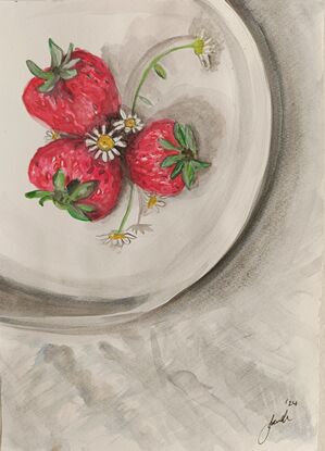 The artwork is a watercolor painting of a white plate with three strawberries and a few daisies. The strawberries are a vibrant red and the daisies are a soft white. The plate is cast in shadow, creating a sense of depth and realism. The overall effect is one of freshness and summer.