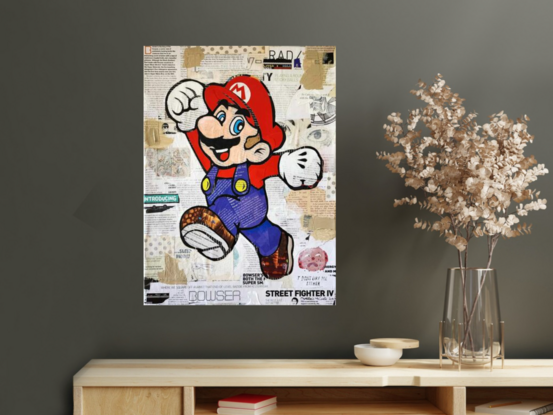 Mario mixed media collage painting