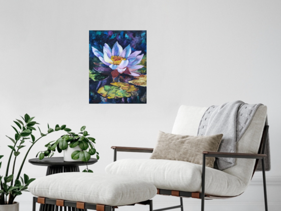 surrounded by a background of indeterminate dark colours is a flowering waterlily, seemingly glowing in various pastel colours, popping up out of the water