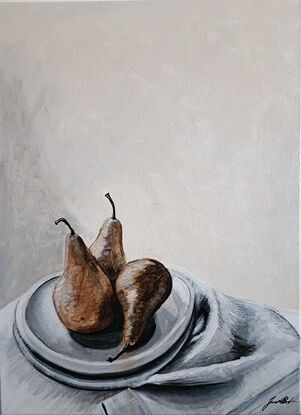 This artwork is a still life painting featuring three brown pears resting on a white plate and a grey cloth. The pears are depicted realistically with subtle variations in colour and texture. The background is a muted beige, providing a neutral backdrop for the composition. The overall tone of the painting is calm and understated, with a focus on capturing the simple beauty of everyday objects.